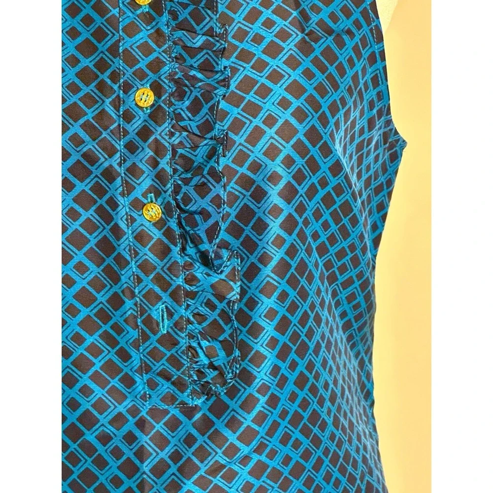 Tory‎ Burch Blue Black Geometric Ruffle Collar Sleeveless 100% Silk Blouse-Sz 8